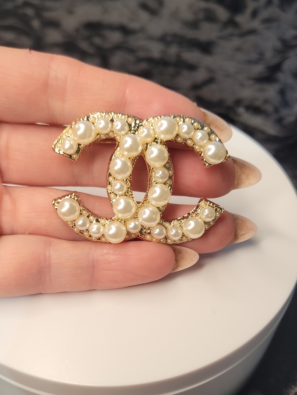 Fashion Style Gold Tone Pearl Double-C Logo Brooch